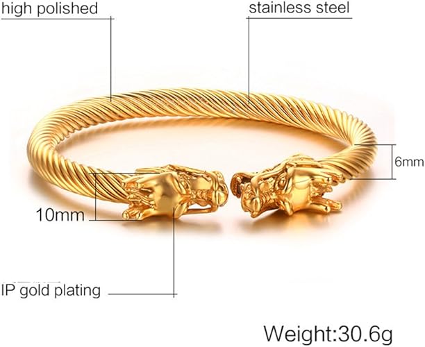 Men's Stainless Steel 10mm Open Wia Vintage Punk Domineering Double Dragon Head Bangle Bracelet