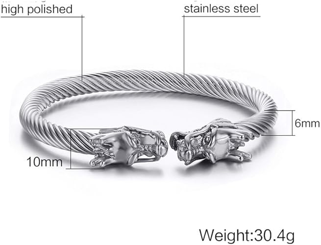 Men's Stainless Steel 10mm Open Wia Vintage Punk Domineering Double Dragon Head Bangle Bracelet