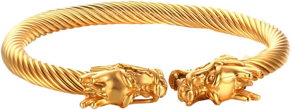 Men's Stainless Steel 10mm Open Wia Vintage Punk Domineering Double Dragon Head Bangle Bracelet