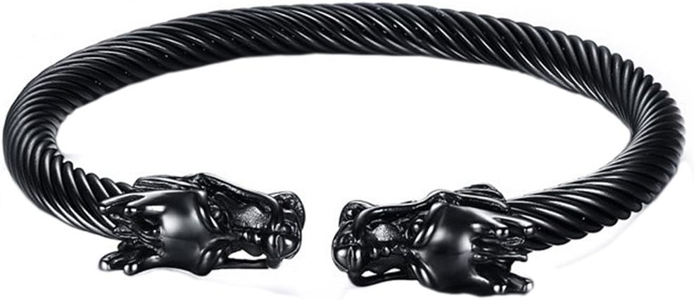 Men's Stainless Steel 10mm Open Wia Vintage Punk Domineering Double Dragon Head Bangle Bracelet