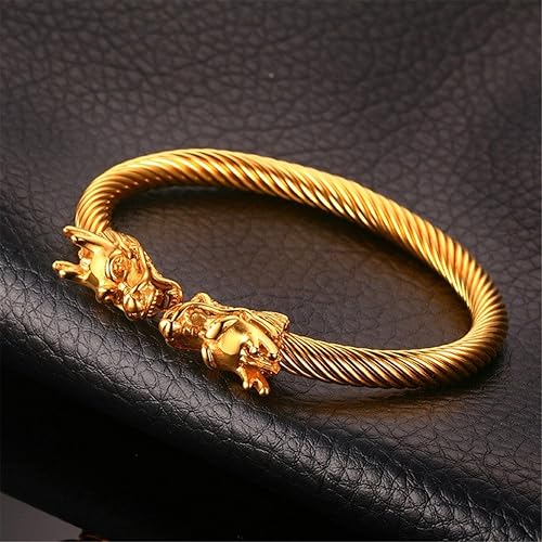 Men's Stainless Steel 10mm Open Wia Vintage Punk Domineering Double Dragon Head Bangle Bracelet