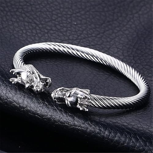 Men's Stainless Steel 10mm Open Wia Vintage Punk Domineering Double Dragon Head Bangle Bracelet