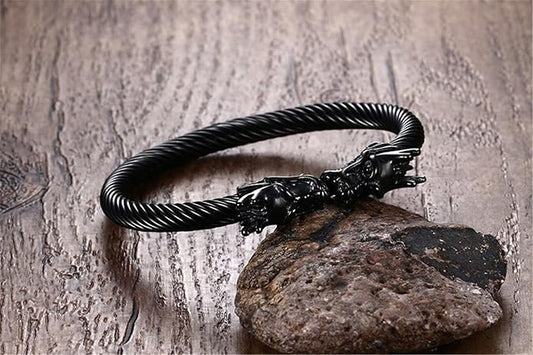 Men's Stainless Steel 10mm Open Wia Vintage Punk Domineering Double Dragon Head Bangle Bracelet