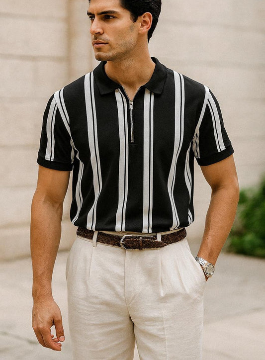 Lining Printed  Zipped Collar T-Shirt