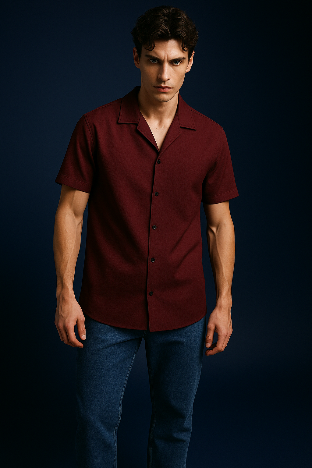 Classic Maroon Cuban Collar Shirt-Short Sleeve