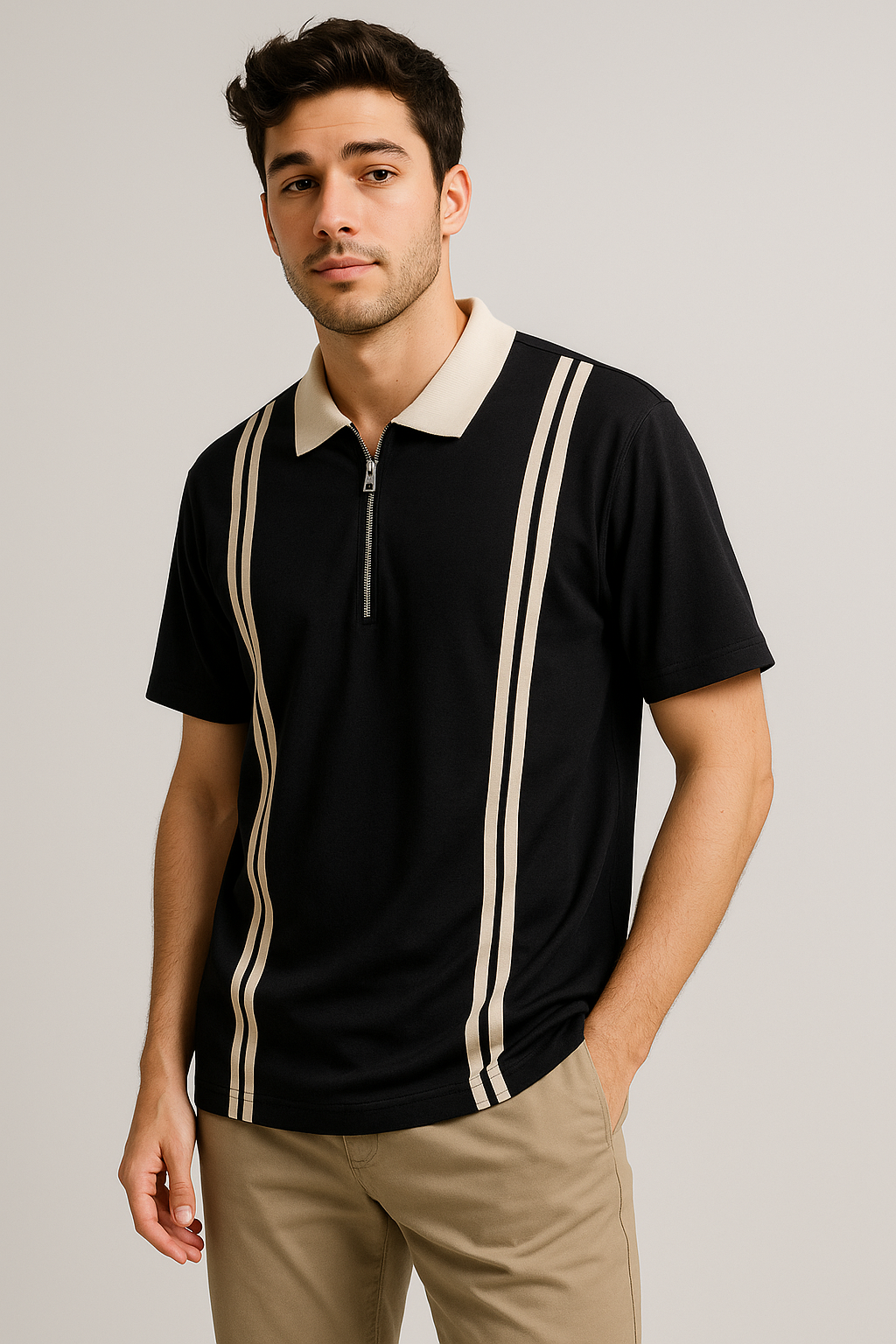 Retro Zipper Polo Shirt-Black with White Stripes